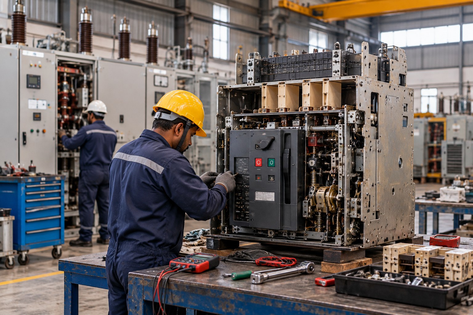 ACB and VCB services — technician servicing an air circuit breaker in the workshop