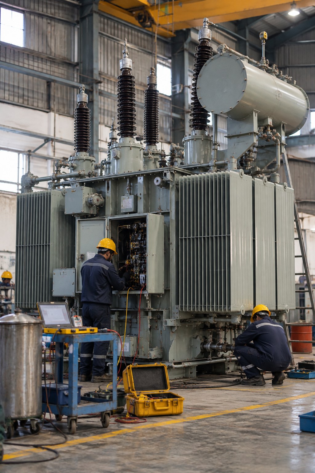 Transformer service and manufacturing — technicians servicing a power transformer in the workshop
